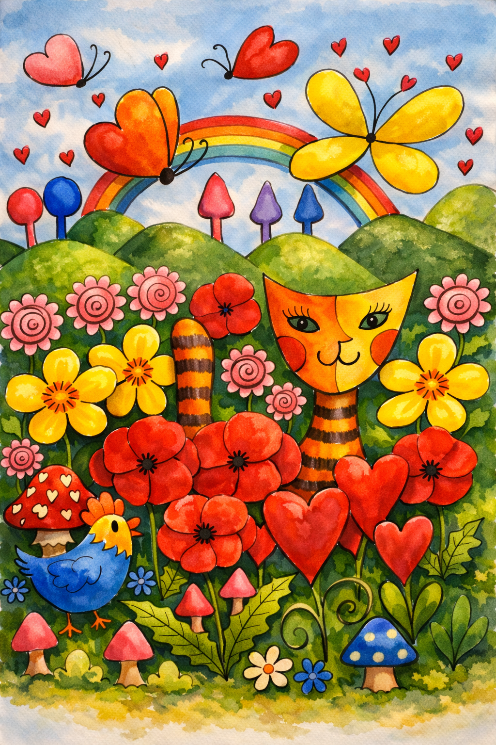 Magische tuin met kat, vogel, bloemen, hartjes, vlinders en regenboog