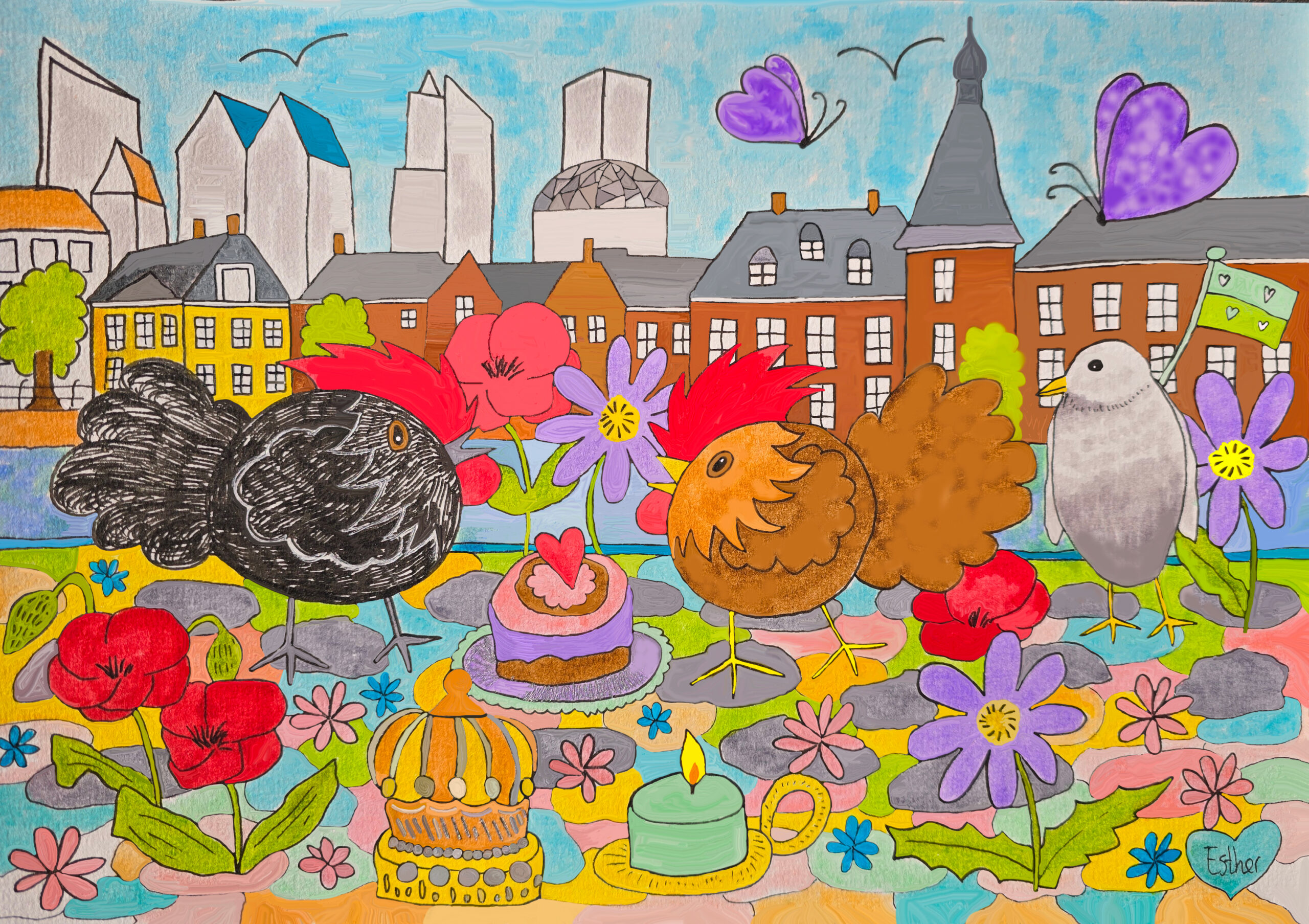 Kleurrijke illustratie van Den Haag met vogels, bloemen en stadse elementen
