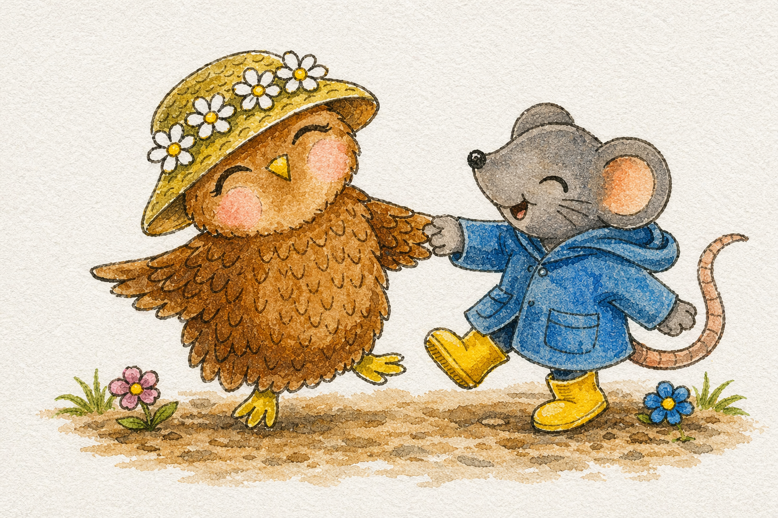 Uil en Muis dansen samen, illustratie van Esther van der Ham voor het kinderboek Uil en Muis helpen Egel