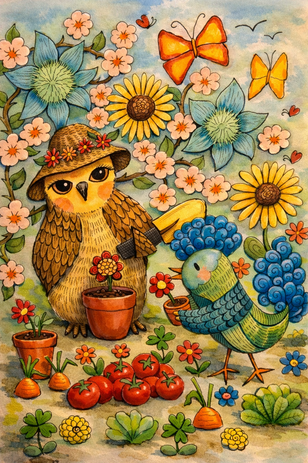 Uil en vogel in een tuin vol bloemen, vlinders en moestuinplanten