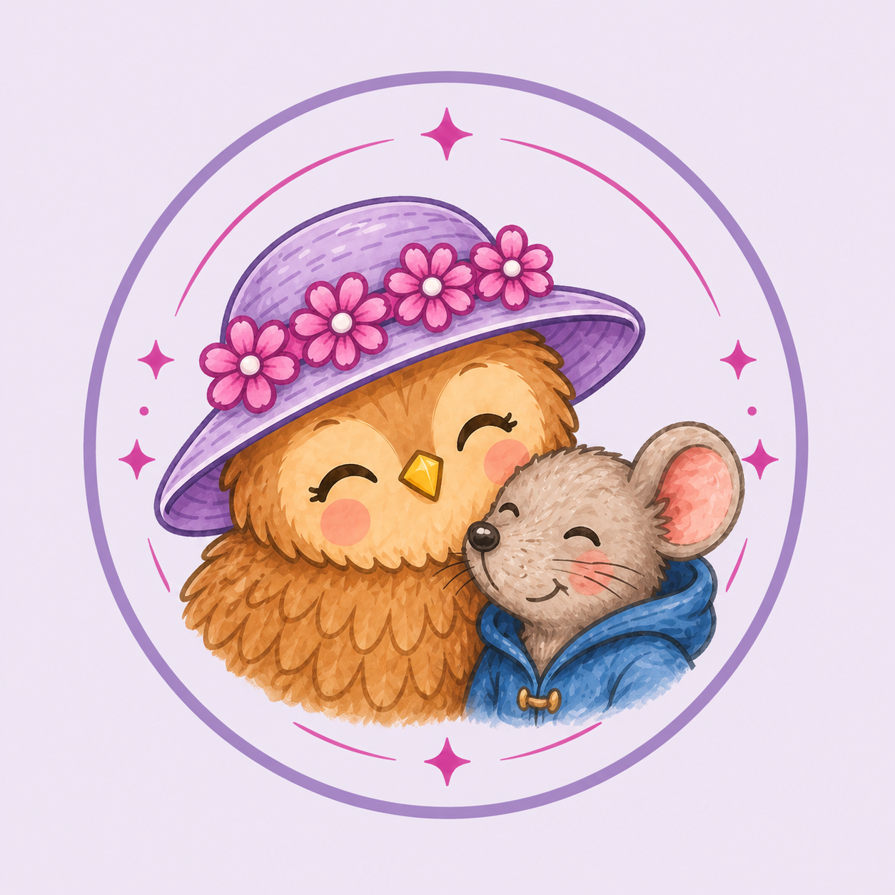 Uil en Muis dicht tegen elkaar aan, kinderboekillustratie van Esther van der Ham