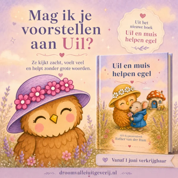 Uil met een klein hoedje uit het prentenboek Uil en muis helpen egel